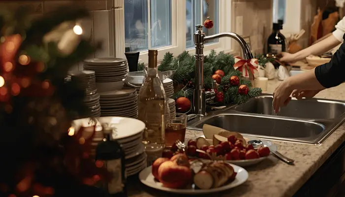 Holiday kitchen with stacked dishes, festive décor, and food scraps near the sink as someone washes up — showing how holiday cooking can overload drains