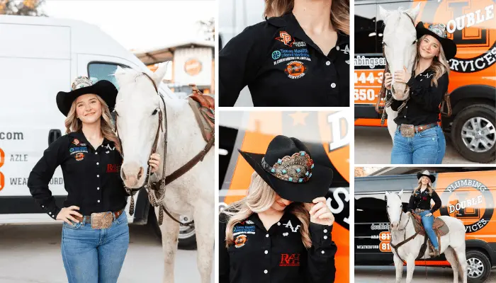 Collage featuring Hope Lyon, 2025 Springtown Rodeo Princess, with her horse and Double L Plumbing branding during a local rodeo event