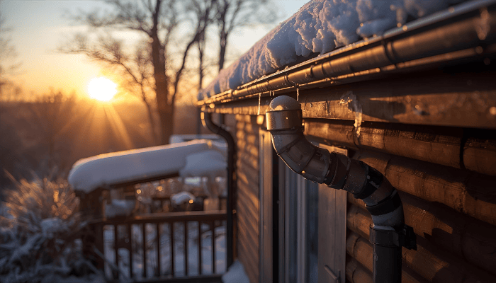 Snow-covered home at sunrise with insulated outdoor plumbing pipes, representing winter pipe protection in North Texas.