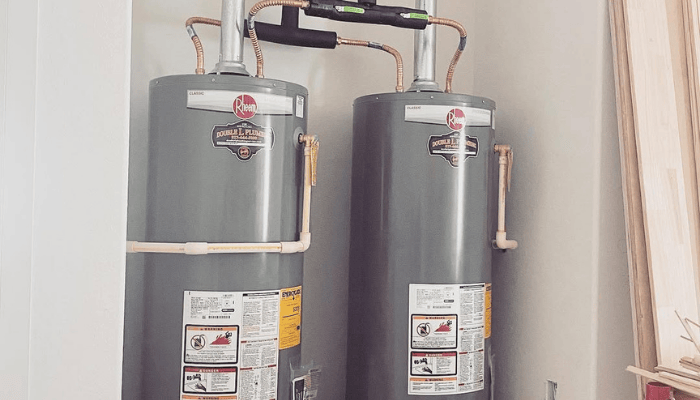 Double L Plumbing installs reliable Rheem water heaters for homeowners in Weatherford and Azle, TX, ensuring consistent hot water and efficient performance. Two new Rheem water heaters installed by Double L Plumbing in Weatherford, TX.